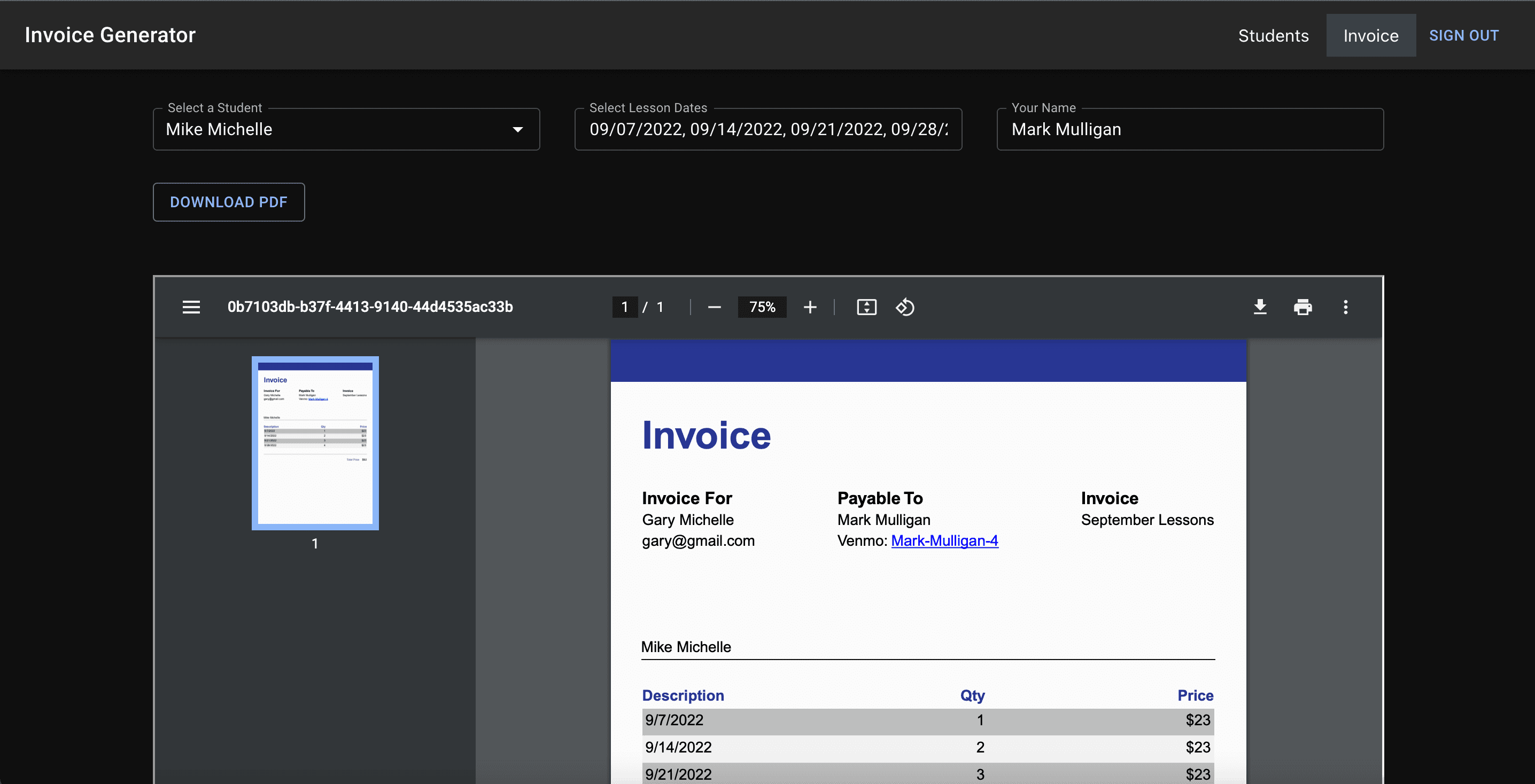 Invoice page of the invoice generator app