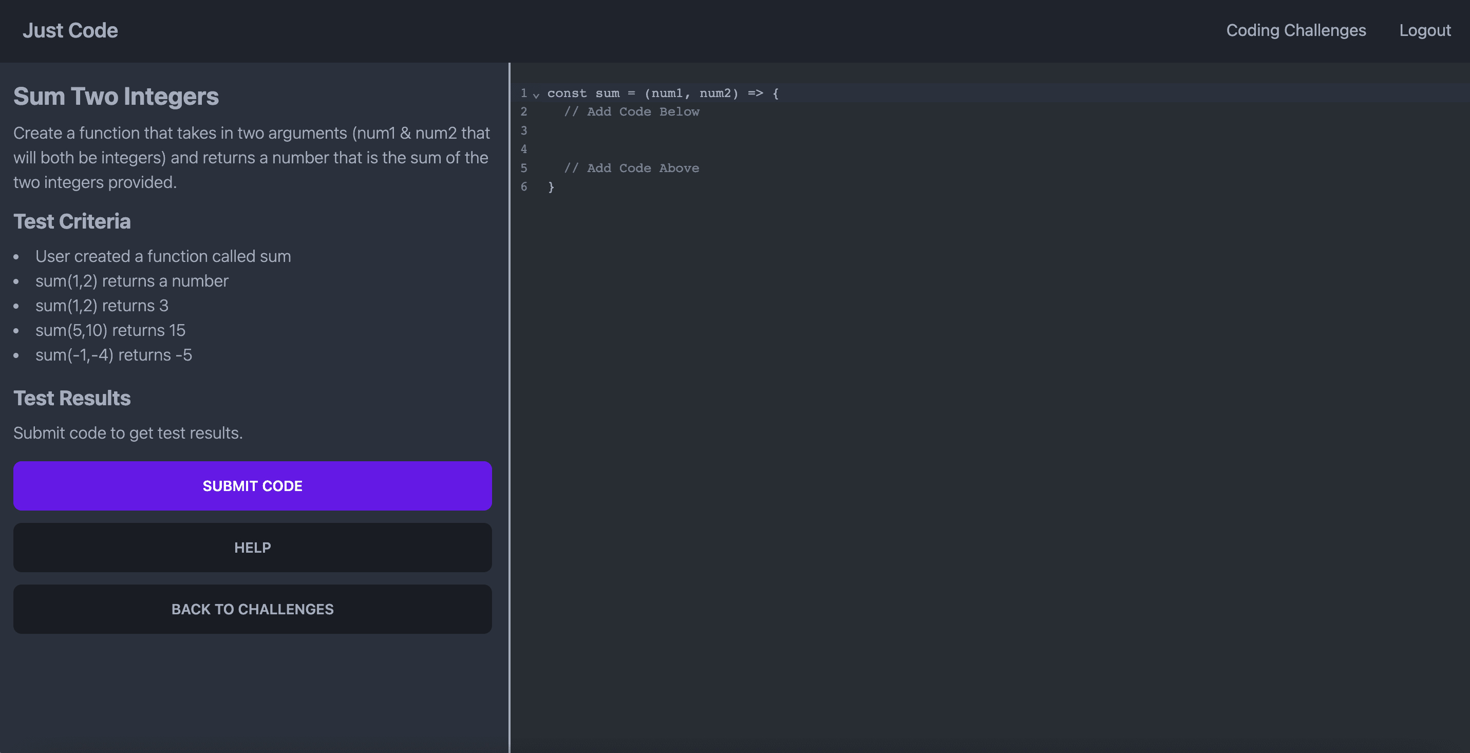 Picture of the landing page for just code